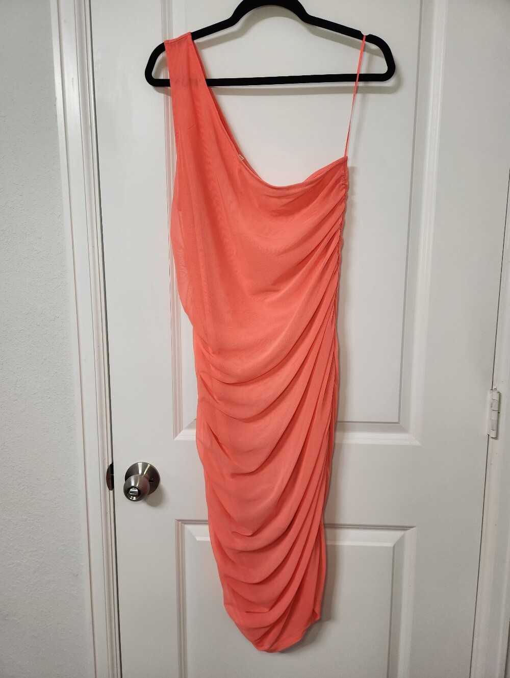 Anthropologie One-Shoulder Coral Ruched Dress